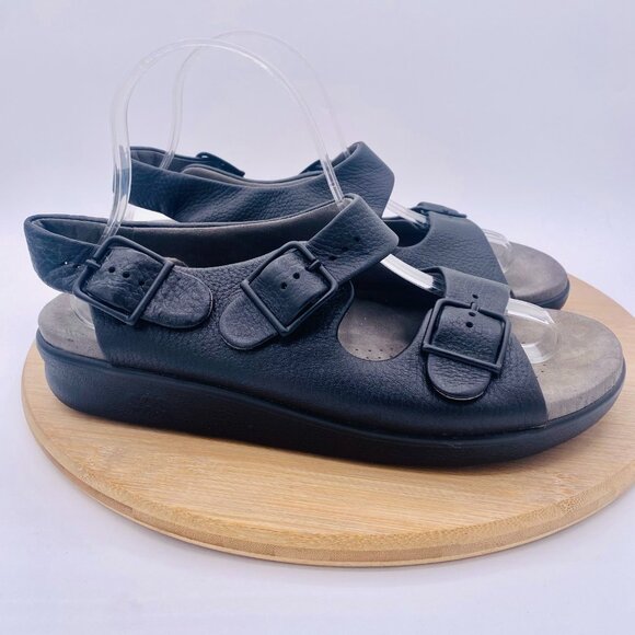 SAS Sandals Mens 12 Black Leather Slingback Double Strap Peep - Picture 7 of 11